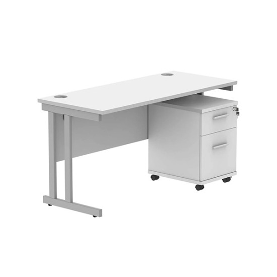Double Upright Rectangular Desk + 2 Drawer Mobile Under Desk Pedestal 