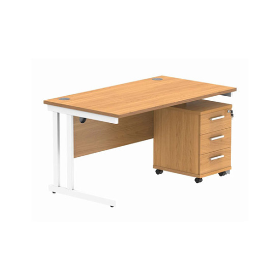 Double Upright Rectangular Desk + 3 Drawer Mobile Under Desk Pedestal 